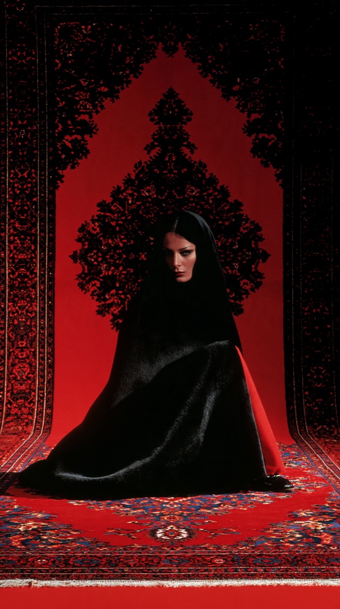 A woman in a black cloak kneels on a red Persian carpet