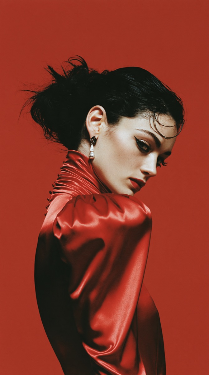A woman in red satin looks down over her shoulder against a red wall