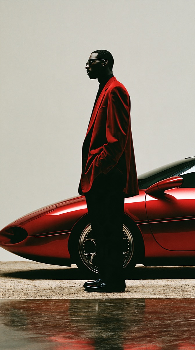 A man in a red blazer stands beside a red sports car