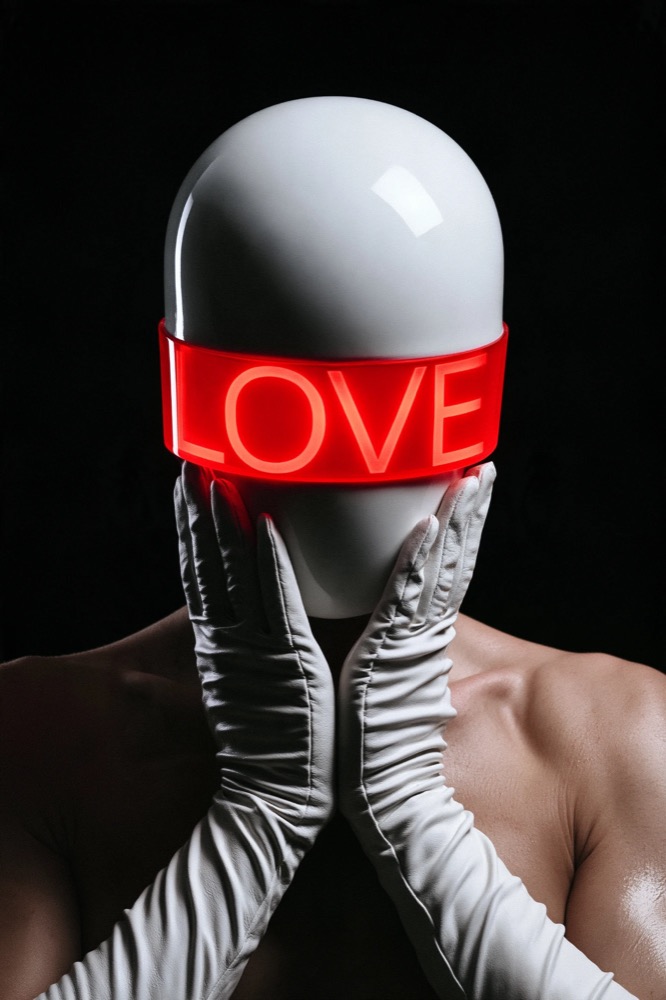 A smooth white helmet with a glowing red LOVE band, held by hands in white gloves