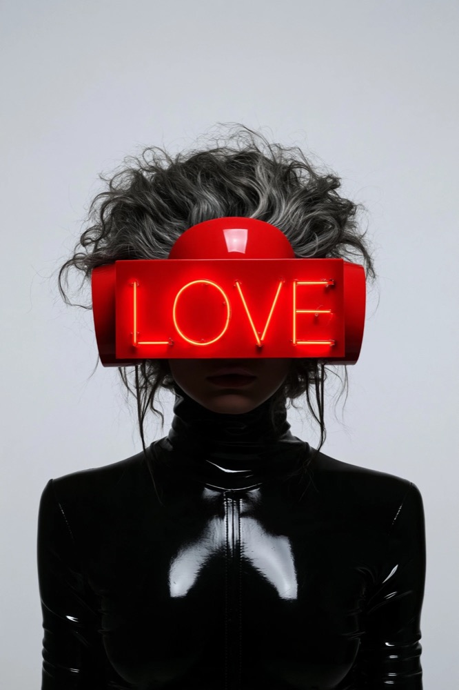 A figure in black vinyl with wild grey hair wears a red visor with LOVE in neon