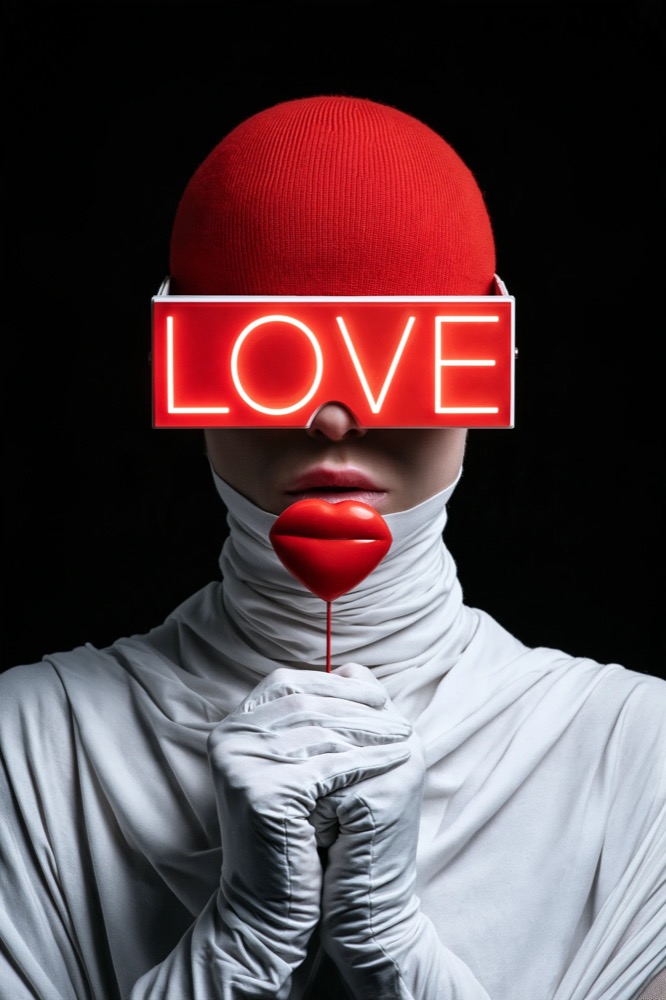 A figure in white with a red knit cap wears a red LOVE visor and holds red lips on a stick