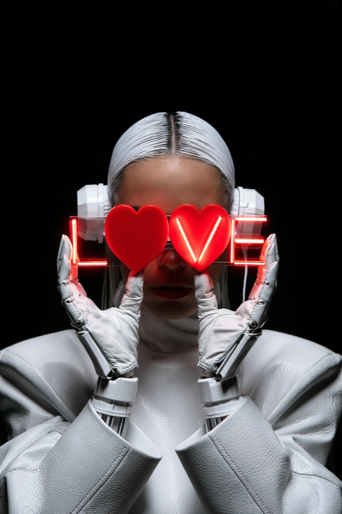 A figure in white with slicked white hair holds two red hearts over their eyes, spelling LOVE in neon