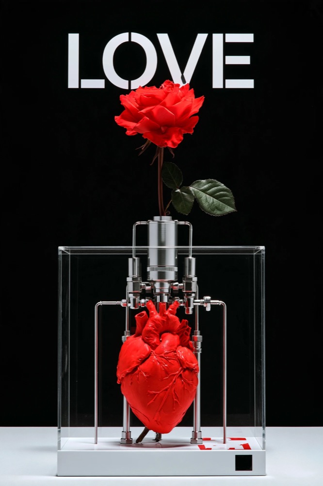 A red rose grows from a red model heart held in a steel machine inside a glass case, under the word LOVE