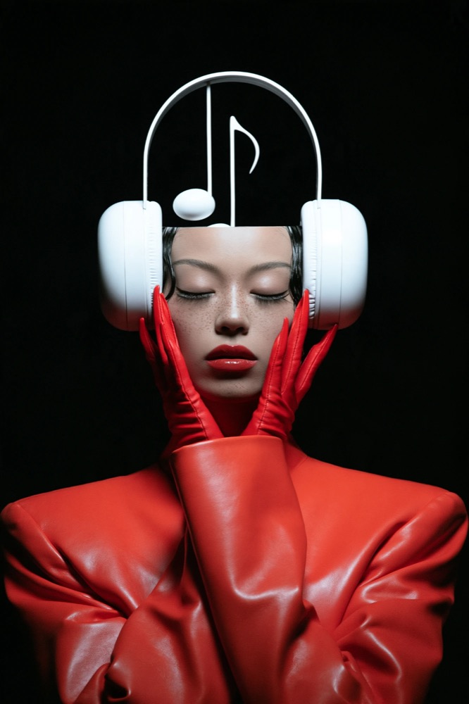 A woman with closed eyes in a red leather coat and gloves wears white headphones topped with a large music note