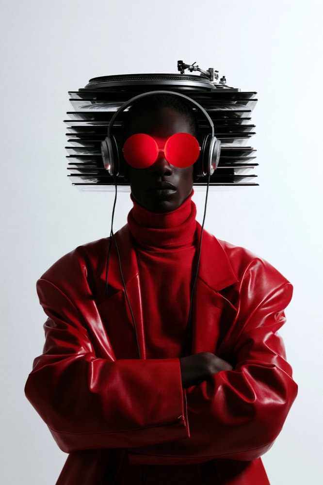 A figure in a red leather coat with round red glasses and headphones, a turntable and stack of records as a hat