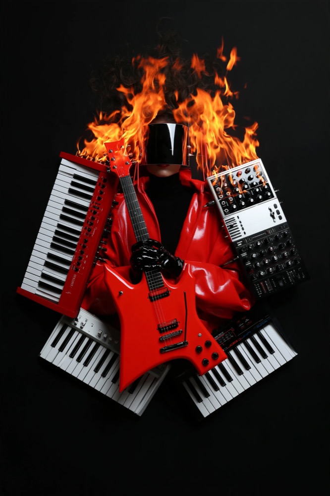 A figure in a red coat and mirrored visor holds a red guitar among keyboards, with flames rising behind