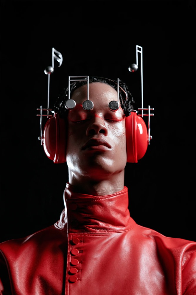 A man in red leather with red ear defenders and silver music notes over his closed eyes