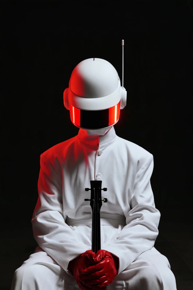 A figure in a white suit and white helmet with a glowing red visor holds a black instrument in red gloves